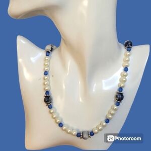 3/$30 Faux Pearl Blue Stone Beaded Bridal Necklace